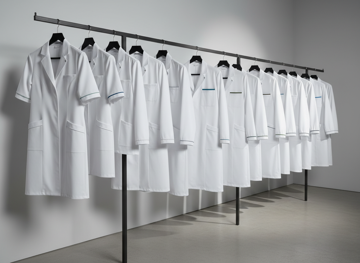 A row of different styles of high-performance medical lab coats displayed on sleek, matte-black metal garment racks in a minimalist showroom. The coats vary from short consultation jackets to full-length designs, all in bright, pristine white with tailored silhouettes, structured collars, and thoughtfully placed pockets. Some feature subtle colored trim at the cuffs and seams, suggesting customization options. The background is a smooth, light gray wall with a faint gradient created by directional studio lighting from the right, casting long, soft shadows of the coats and racks on the floor. Shot at a slightly angled perspective at about chest height, with sharp focus across the line of garments, the photographic realism emphasizes quality, professionalism, and variety for institutional buyers selecting medical textiles.