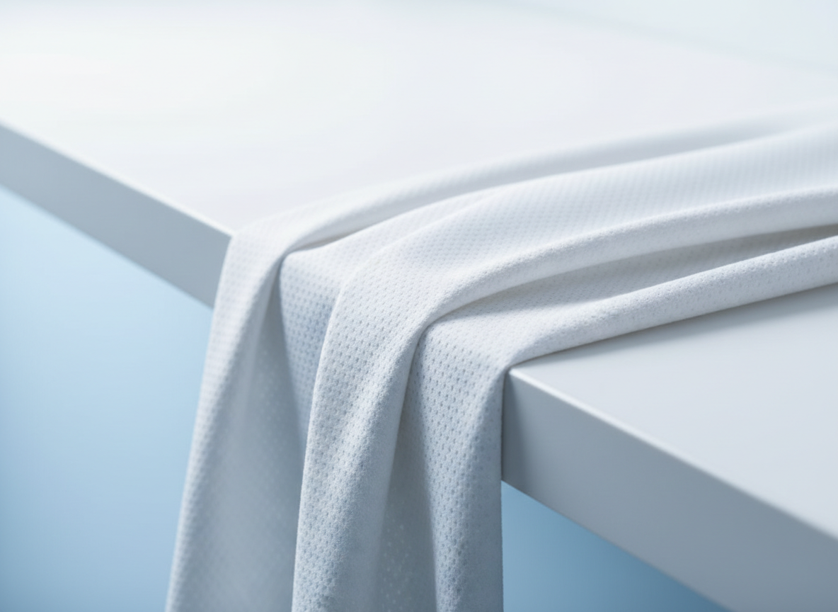 A detailed close-up of advanced fabric used for medical uniforms, captured in photographic realism. The material is slightly draped over the edge of a smooth white surface, showcasing its fluidity and resilience. Tiny perforations and a subtle honeycomb microtexture indicate breathability and moisture-wicking properties, while a soft, matte finish suggests comfort against the skin. Cool, directional studio lighting from above and slightly behind creates fine highlights on the raised texture and delicate shadows in the folds, emphasizing depth and sophistication. The background fades into a gentle gradient from white to pale blue, maintaining a clinical yet modern mood. The composition focuses tightly on the fabric, shot at a low, side angle with shallow depth of field, perfect for communicating technical performance of medical textiles.