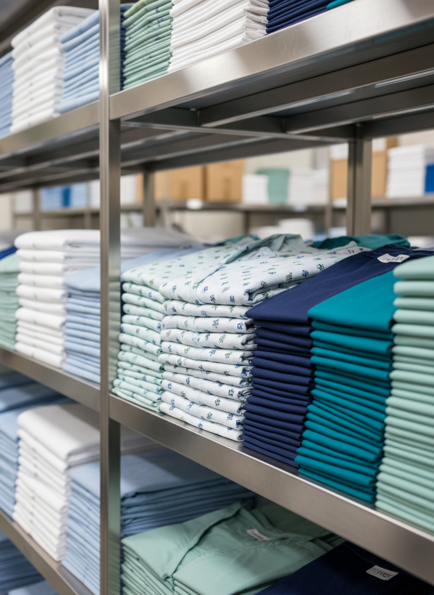 A pristine hospital supply room shelf filled with neatly folded stacks of medical linens and garments, photographed in a realistic, high-resolution style. On the shelves, clearly visible are piles of white and light blue bed sheets, patient gowns with subtle printed patterns, and folded scrub sets in coordinated colors. Each stack is perfectly aligned, emphasizing order and hygiene. The shelving is made of brushed stainless steel, reflecting soft overhead fluorescent-style lighting that creates gentle, elongated highlights along the metal edges. The background is slightly blurred, suggesting a larger, well-organized storage area. Captured from an eye-level angle with balanced framing using the rule of thirds, the image conveys reliability, cleanliness, and the large-scale supply capabilities of a medical textile provider.