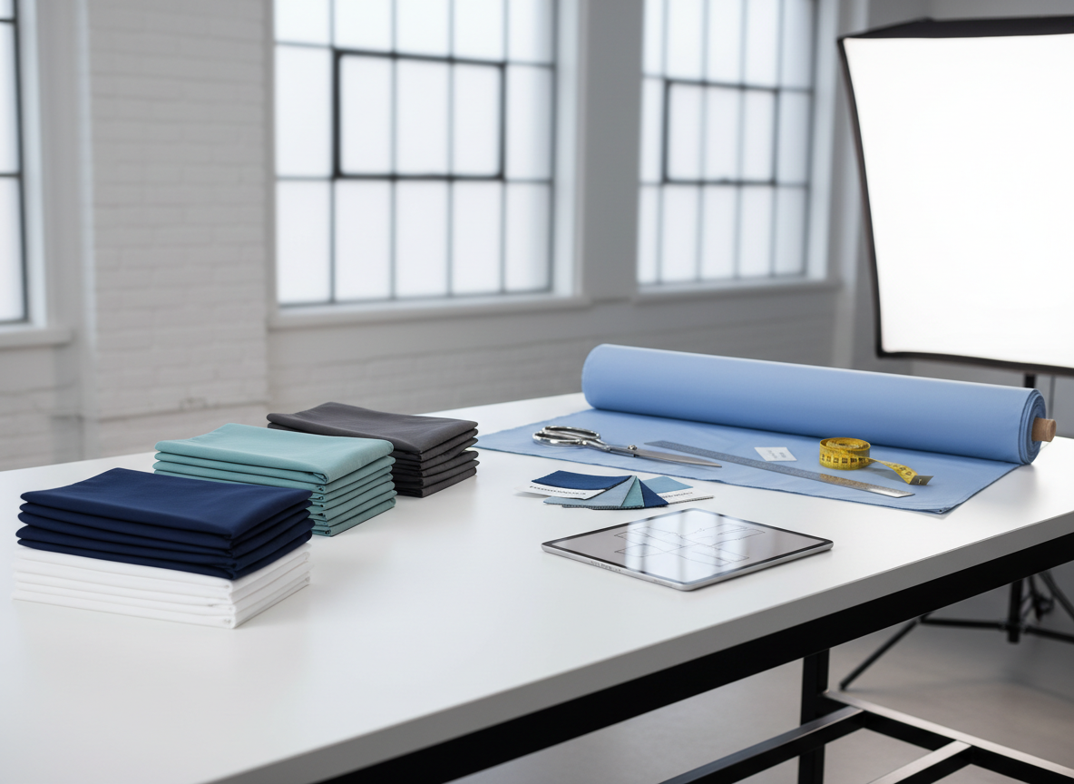 An organized display of assorted medical textiles on a wide, matte-white worktable in a modern studio environment. Several neatly folded stacks of colorful scrub fabrics—deep navy, soft teal, charcoal gray, and classic white—are arranged alongside a partially unrolled bolt of fabric showing its smooth, tightly woven structure. Nearby, there are stainless steel tailoring tools, a measuring tape, fabric swatches with printed labels, and a digital tablet showing a uniform pattern sketch. Bright, even studio lighting from overhead and a side softbox creates minimal shadows and crisp clarity across the entire scene. Photographic realism at a slightly elevated angle captures the full workspace, conveying innovation, quality control, and precision in medical textile production with a clean, contemporary aesthetic.