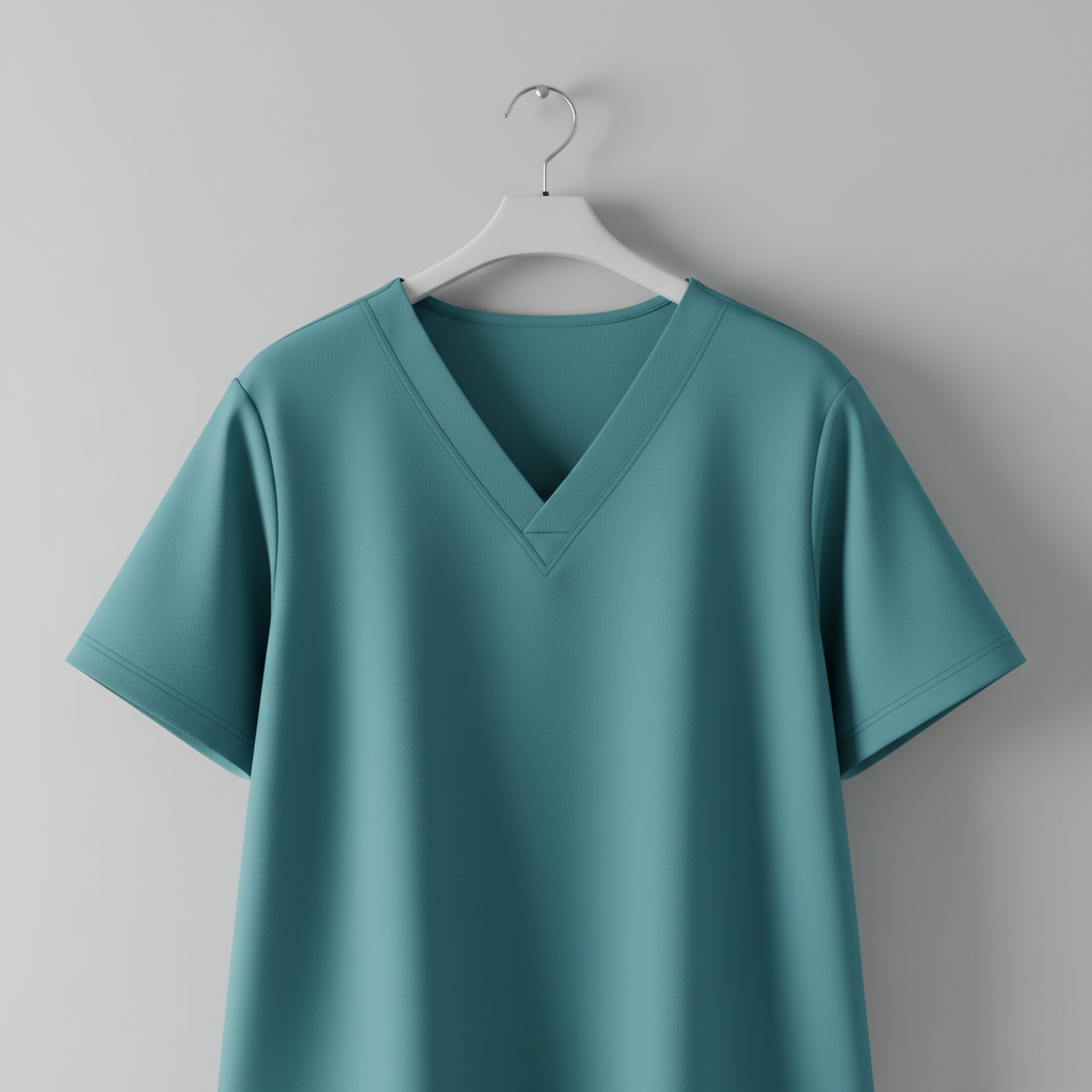 A close-up, photographic realism shot of a high-quality teal scrub top hanging on a minimalist matte-white hanger against a soft gray background. The fabric appears smooth yet substantial, with subtle diagonal weave texture and reinforced double stitching clearly visible around the V-neck and sleeves. Soft diffused studio lighting from the left creates gentle highlights along the folds of the material and a faint gradient shadow on the wall, emphasizing the garment’s structure. The scrub top is centered in the frame, captured at eye level with a shallow depth of field so that the edges fall off into a gentle blur. The mood is clean, clinical, and trustworthy, conveying precision craftsmanship and premium medical apparel design without distraction.