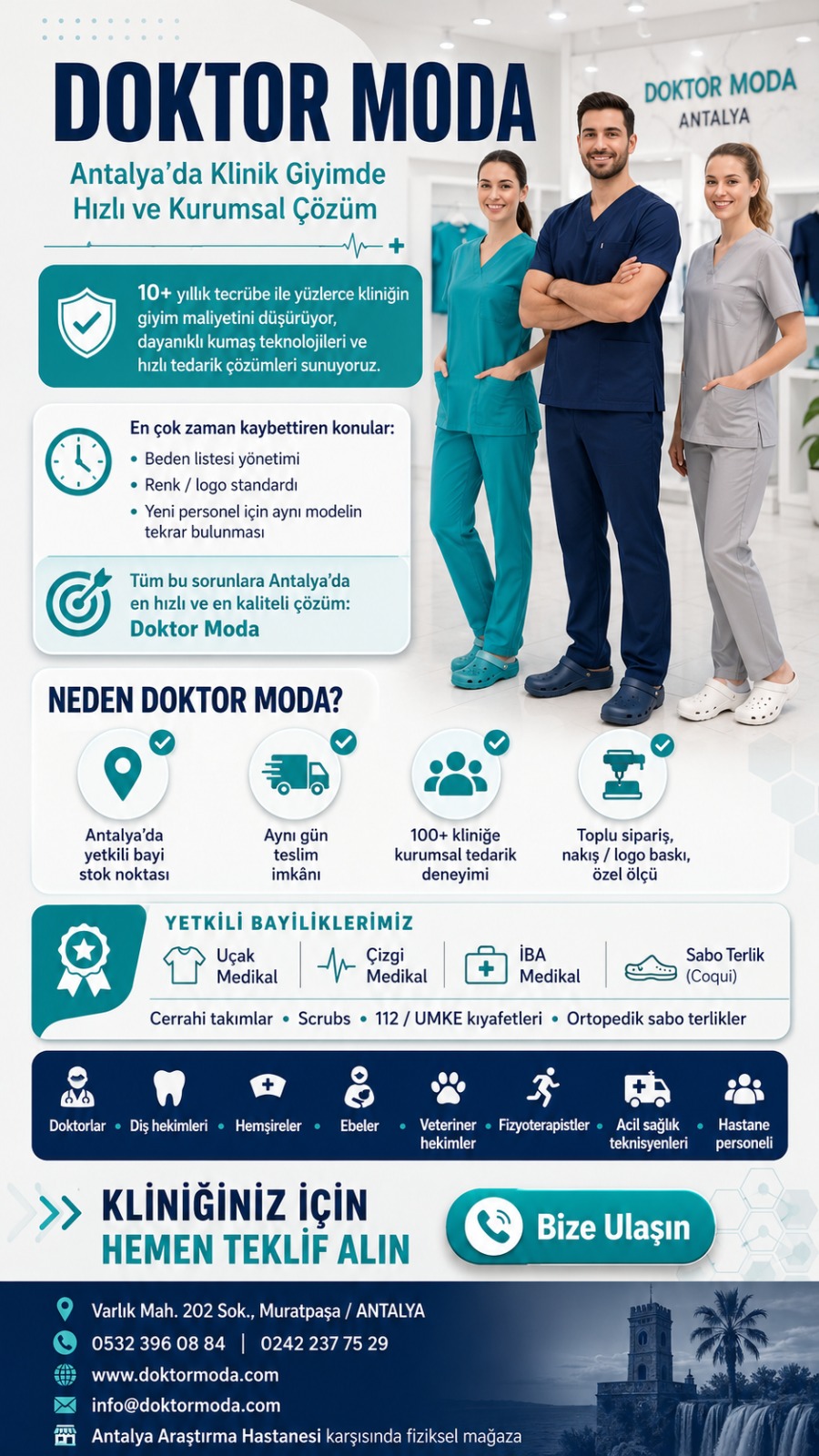 Doktor Moda Antalya’da klinik medikal giyim, logo tasarım, nakış ve terzilik hizmetleri